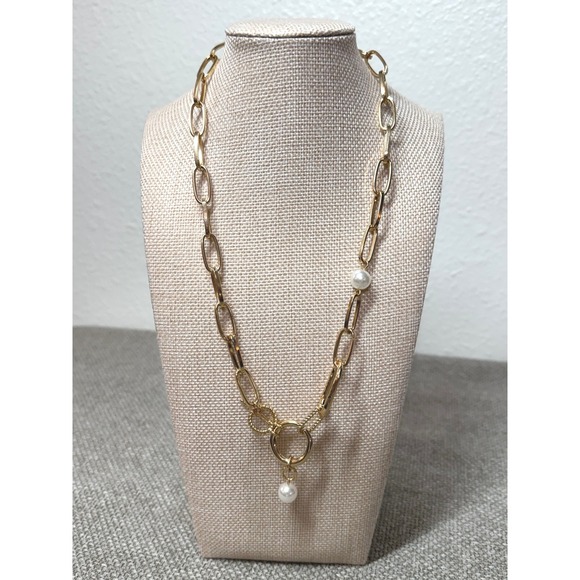 Unbranded Jewelry - Gold Paperclip Chain Necklace Faux Pearl Toggle Statement Layering Chic Resort